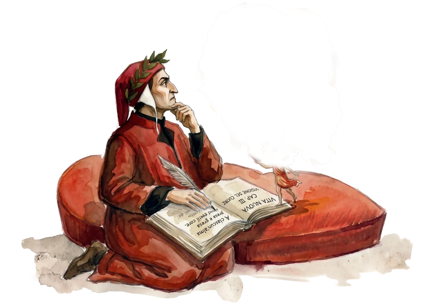 Dante Alighieri in red robe with laurel crown, the Vita Nuova open on his lap (watercolor)