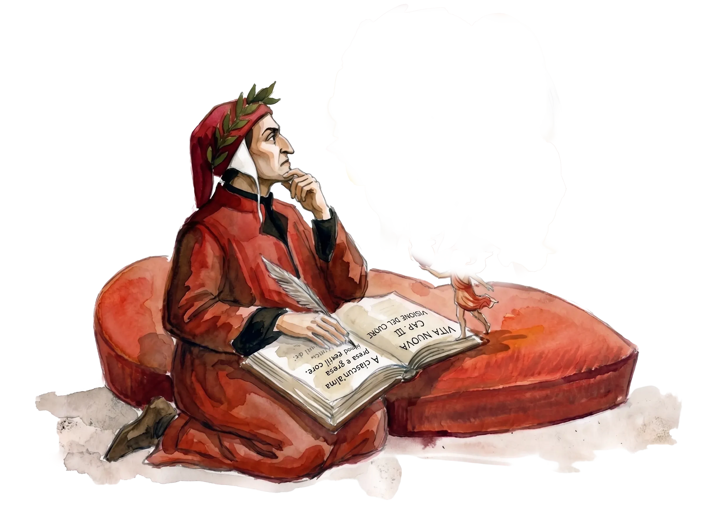 Dante Alighieri in red robe with laurel crown, the Vita Nuova open on his lap (watercolor)