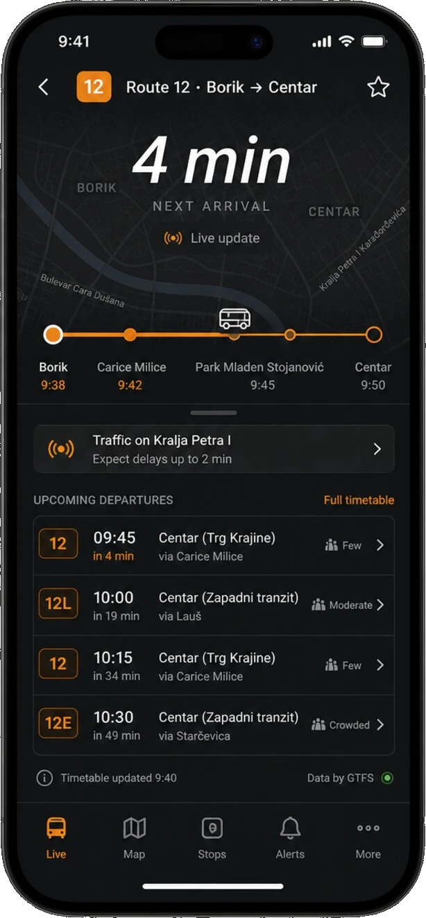 BLBus live arrivals &mdash; Route 12, next arrival in 4 min