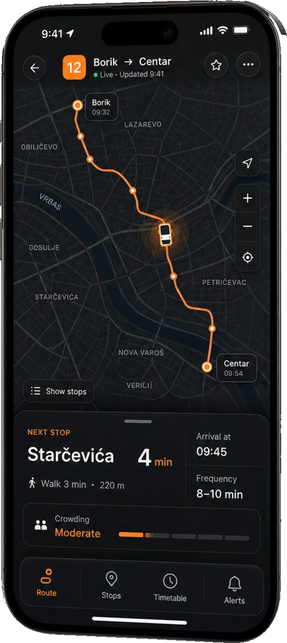 BLBus live route map, Borik to Centar