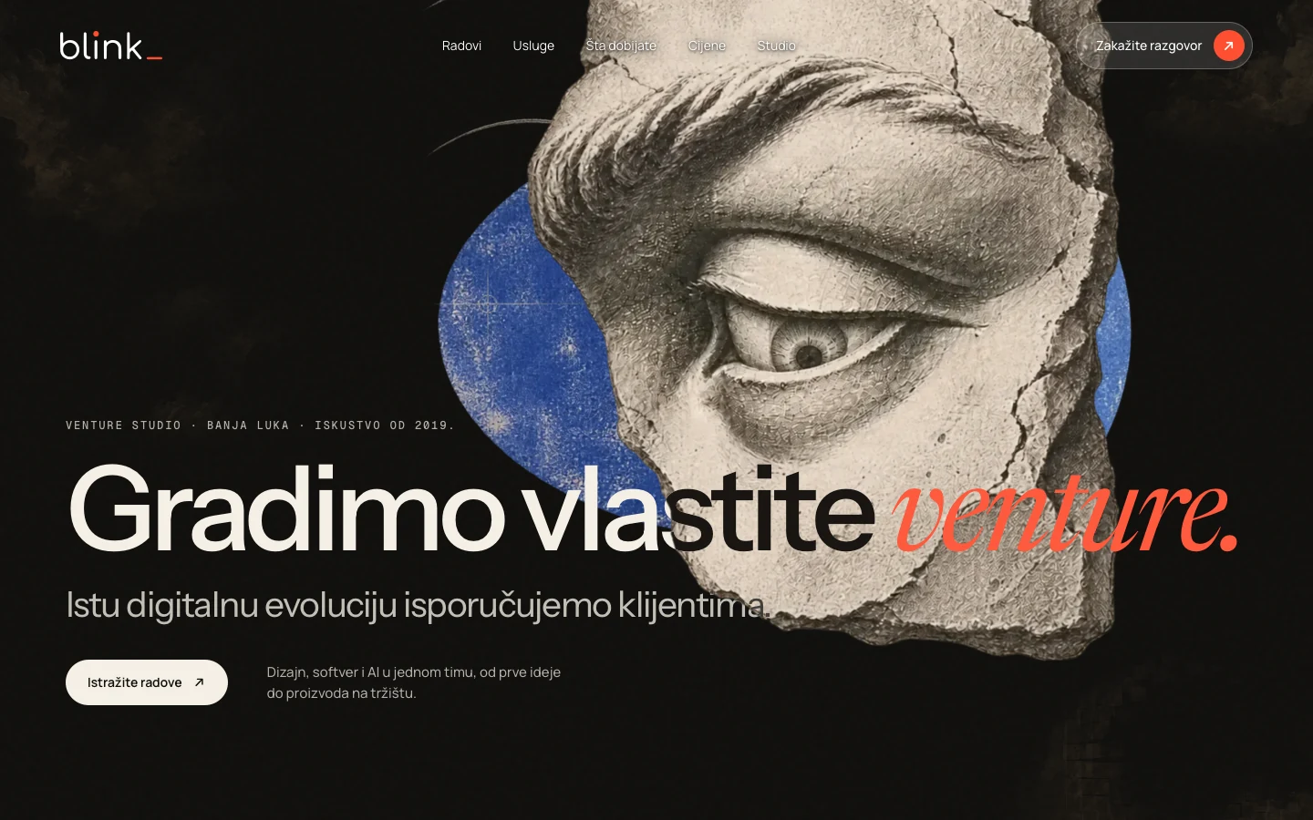 The live Blink homepage, with its stone eye, blue forms and venture studio headline