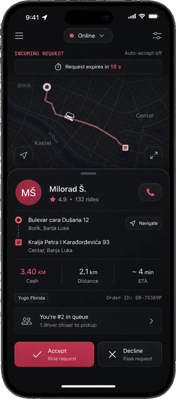 Djir driver app &mdash; incoming ride request, live route
