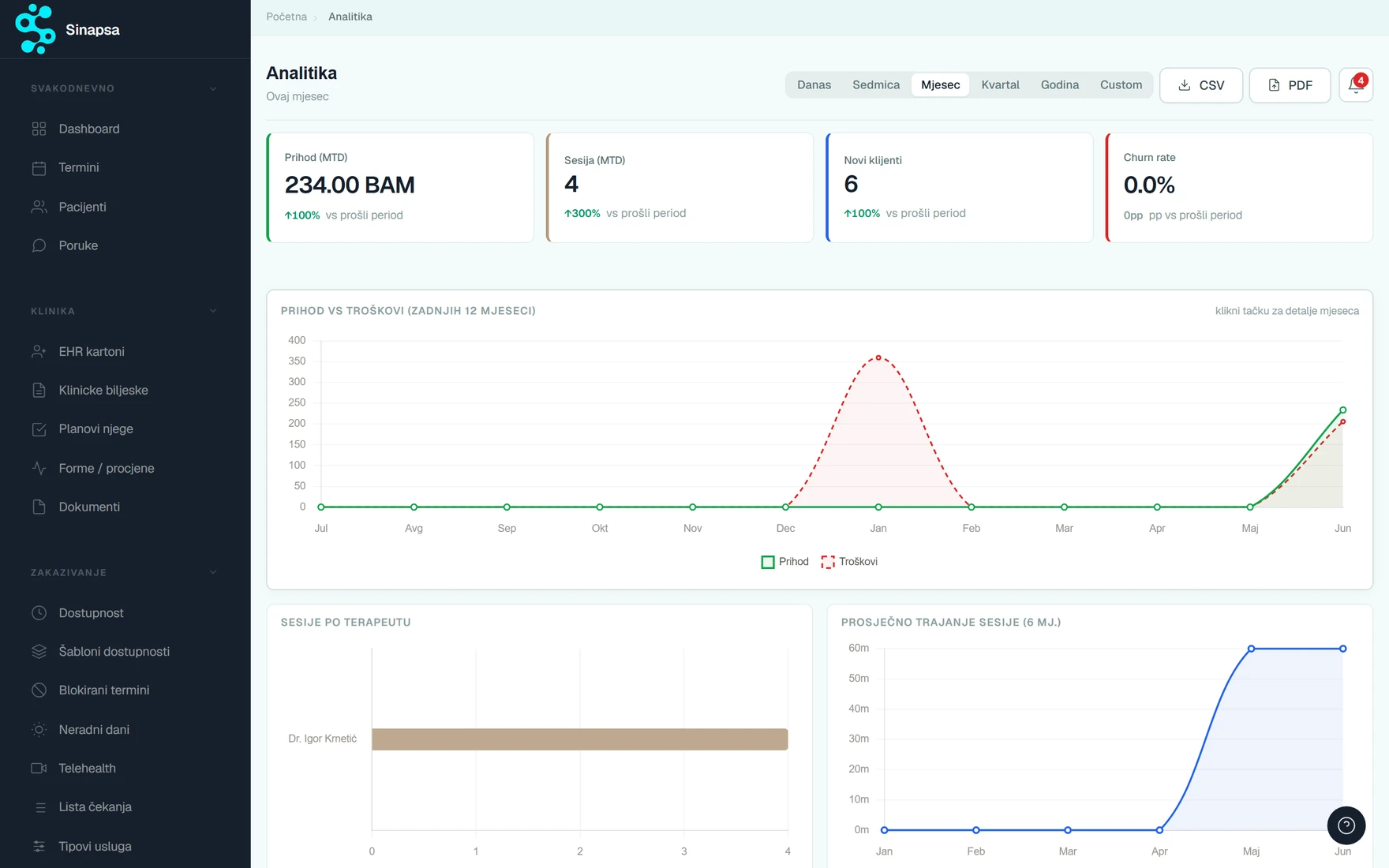 Sinapsa analytics — revenue vs expenses, sessions per therapist