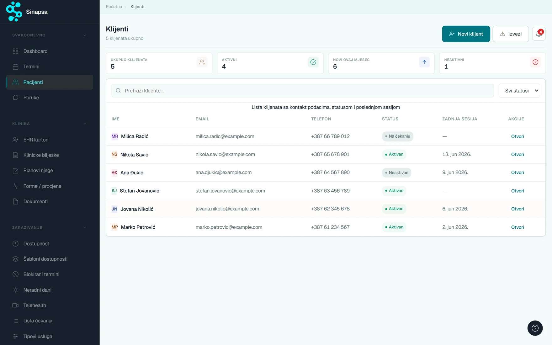 Patient base — contact, status, last session