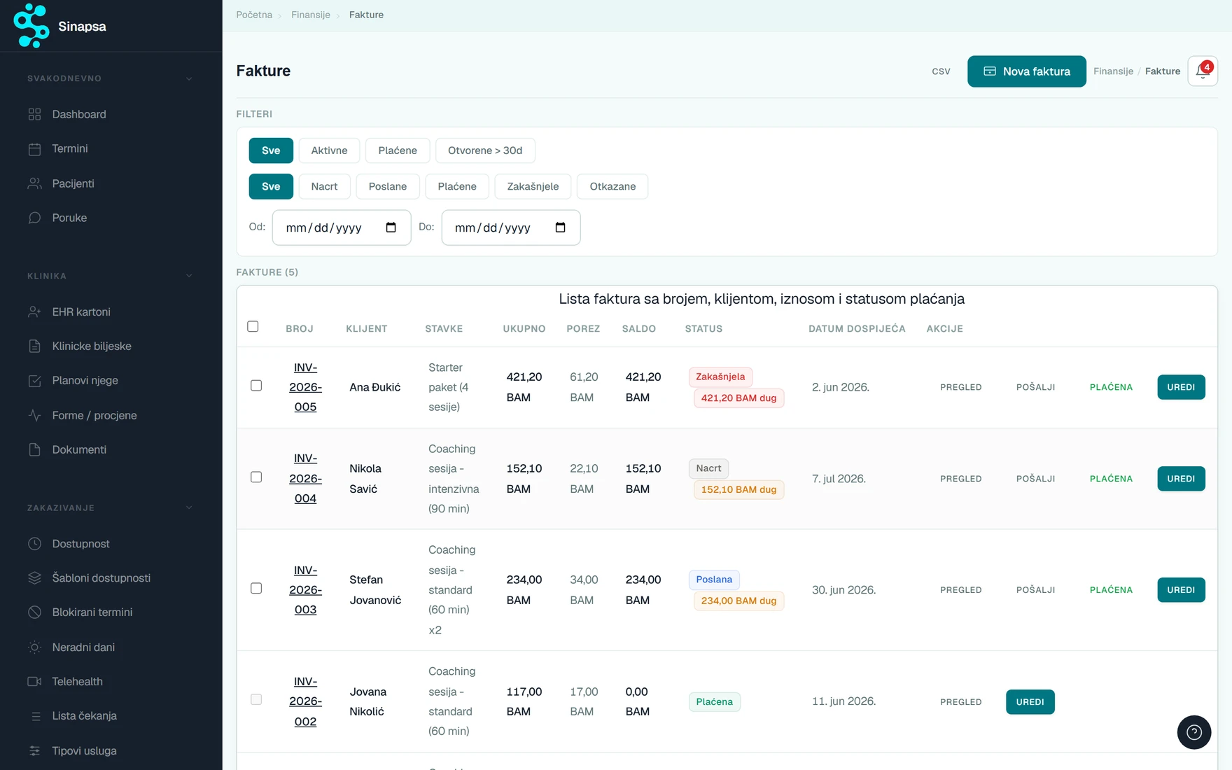Invoices — line items, tax and balance in BAM