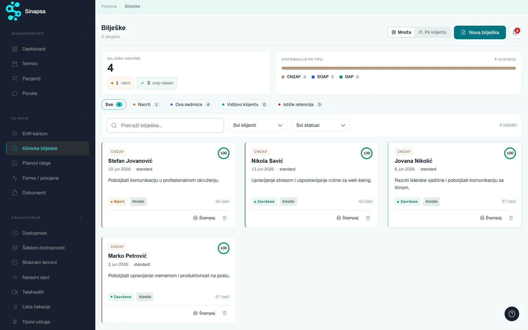 Sinapsa clinical notes — SOAP and DAP formats with a Draft to Finalized lifecycle