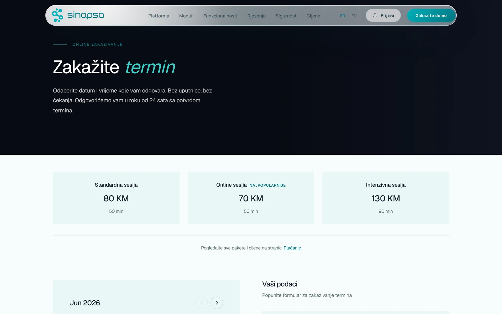 Sinapsa online booking — multi-step flow with OTP verification