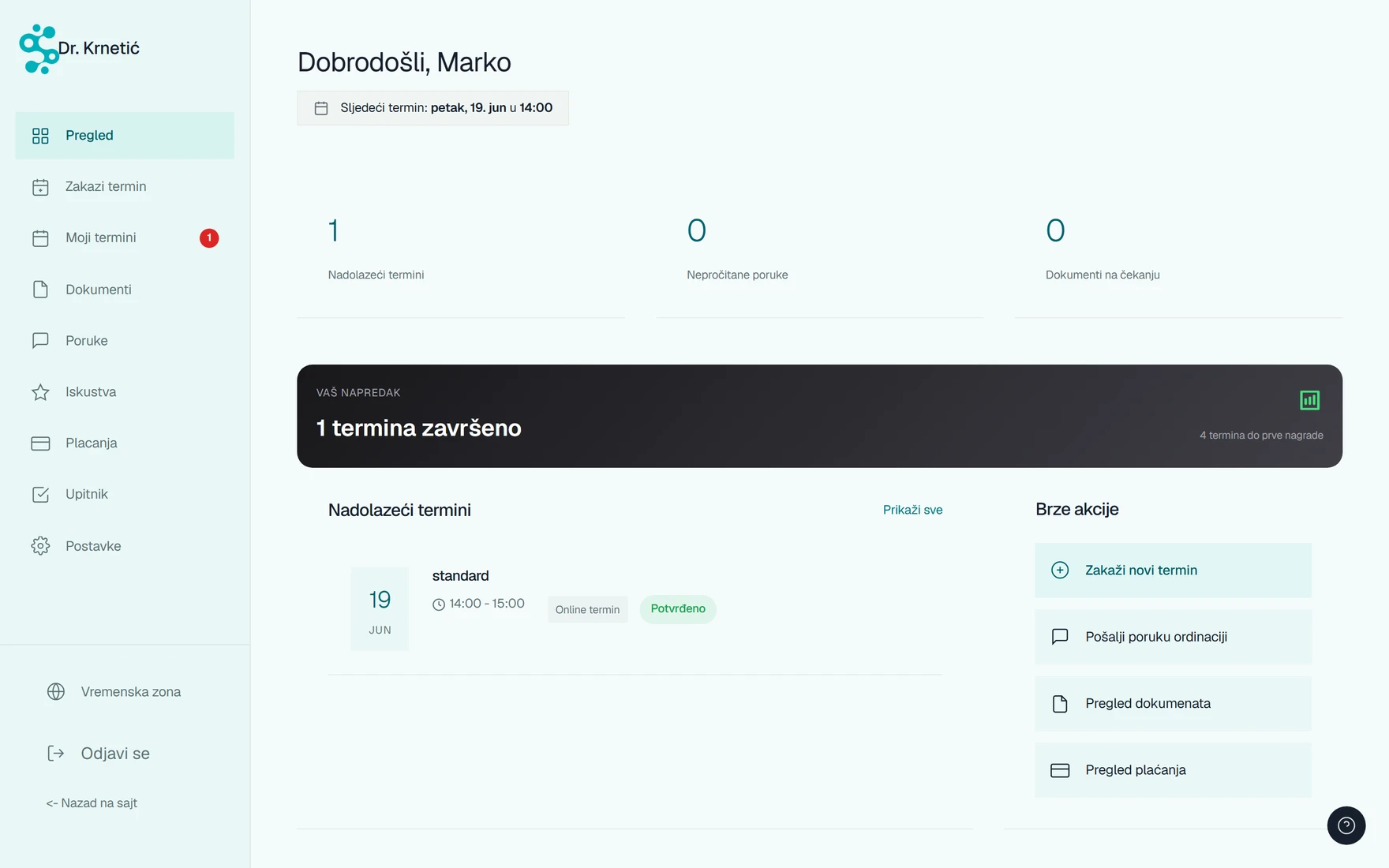 Sinapsa patient portal — next appointment, documents and messages