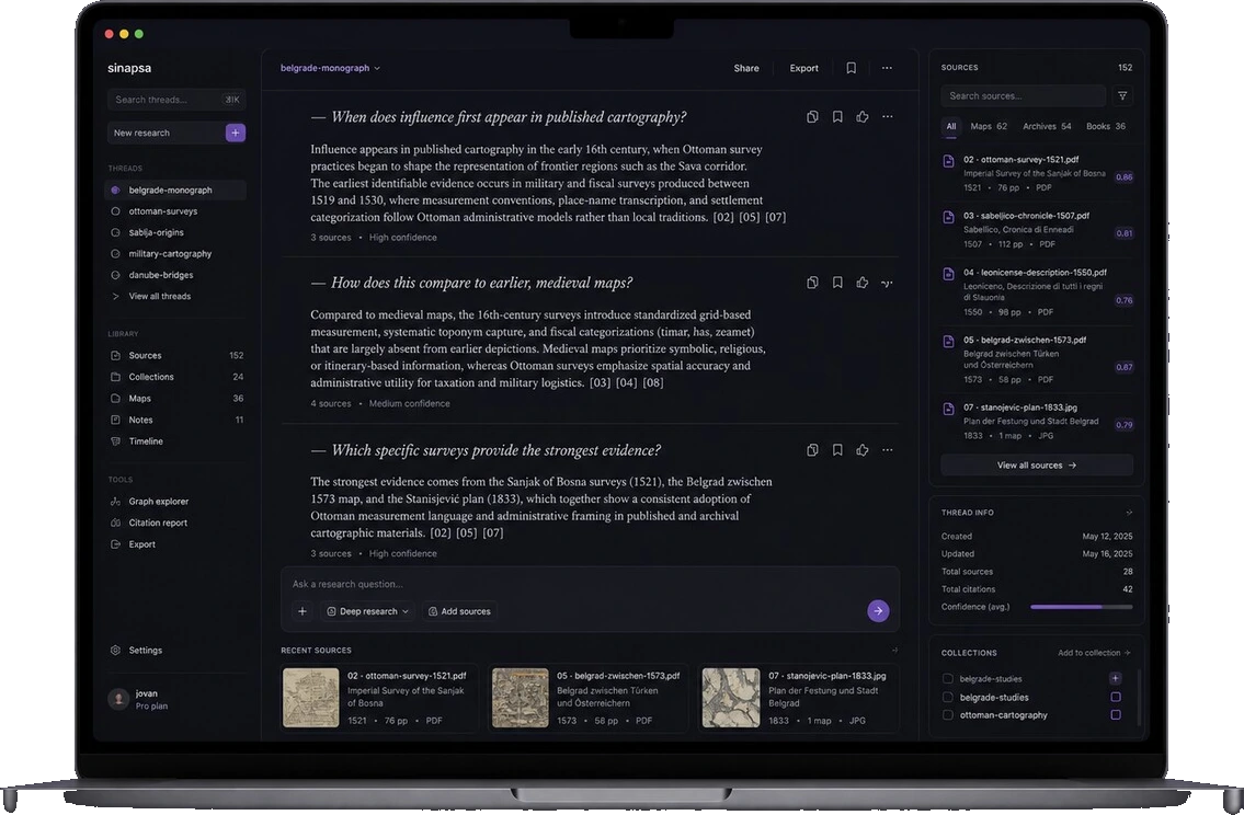 Sinapsa research workspace &mdash; cited answers across the corpus