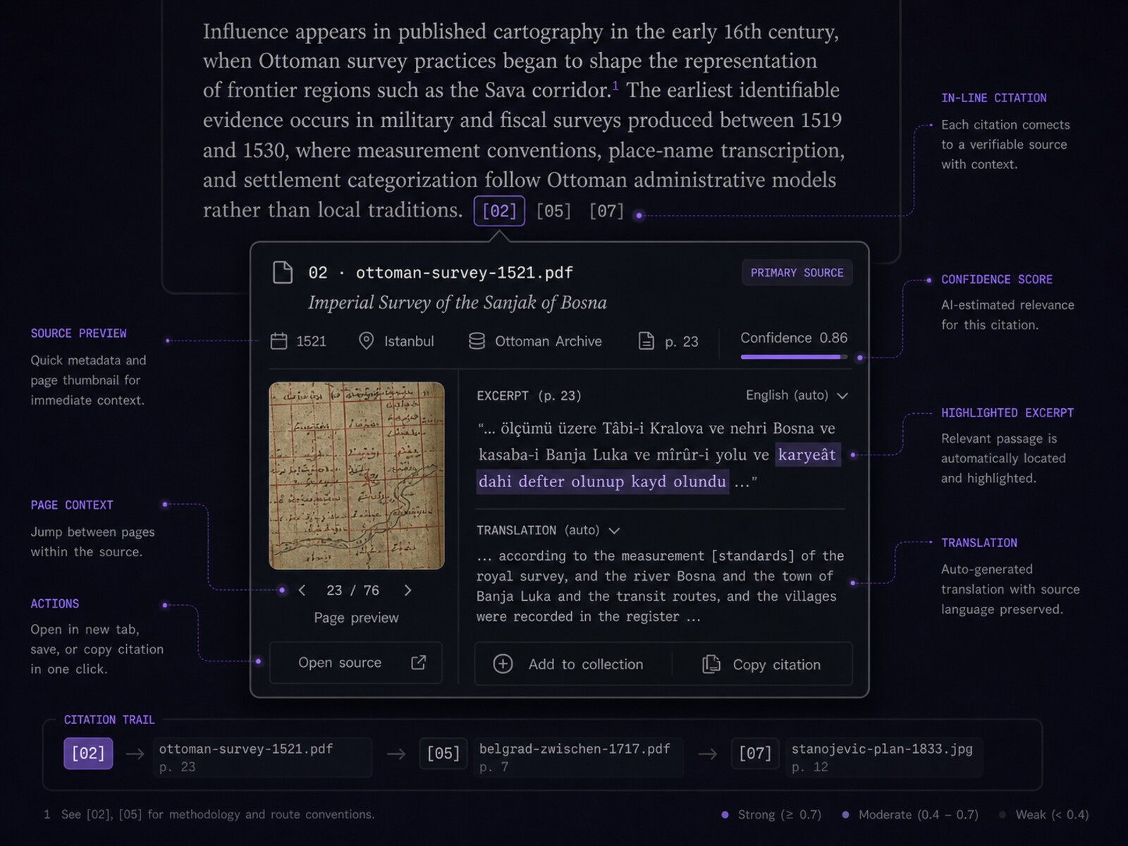 Anatomy of a cited answer &mdash; claim, confidence and source passage