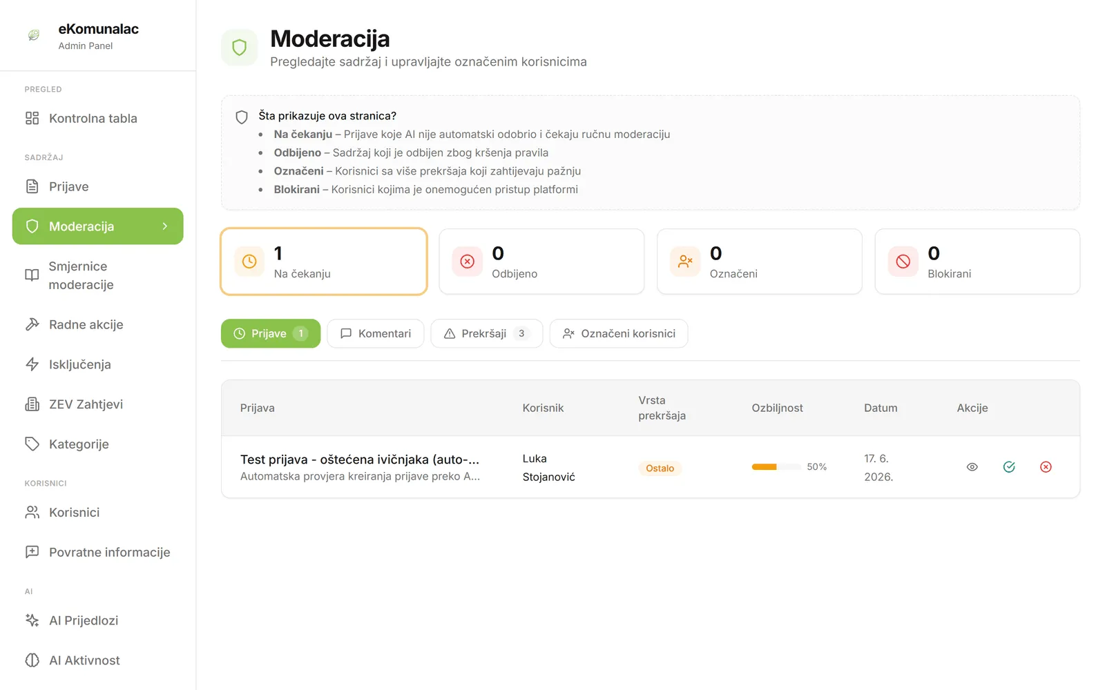 Admin moderation queue — approve or reject incoming reports and comments