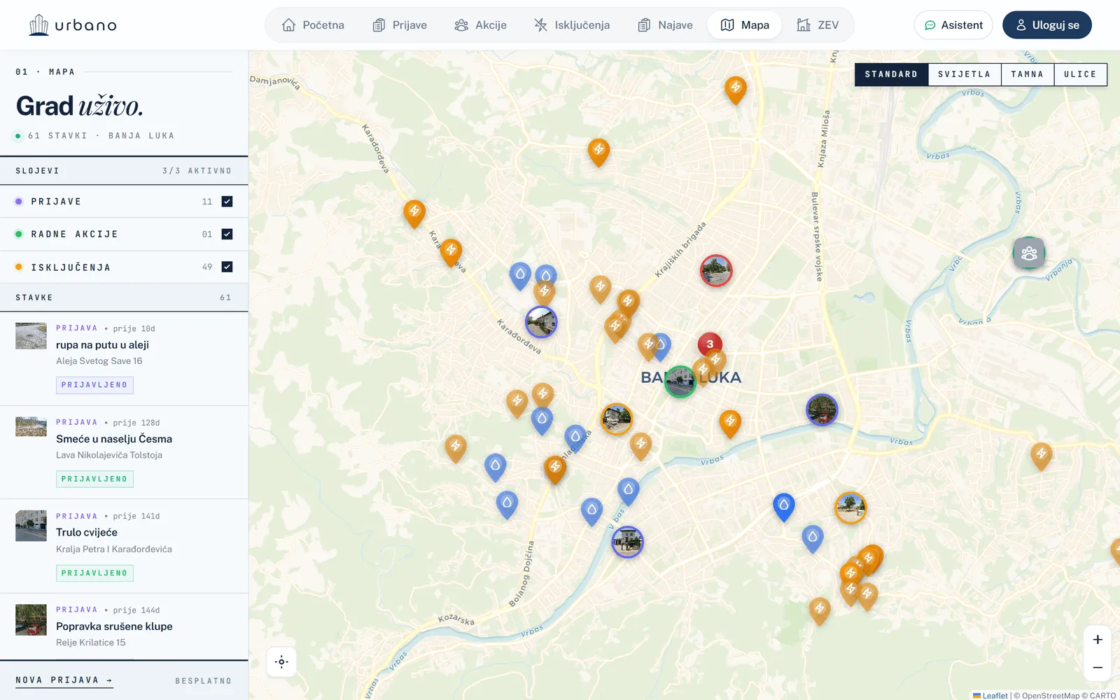Live city map — every report and public action plotted, filterable, with status