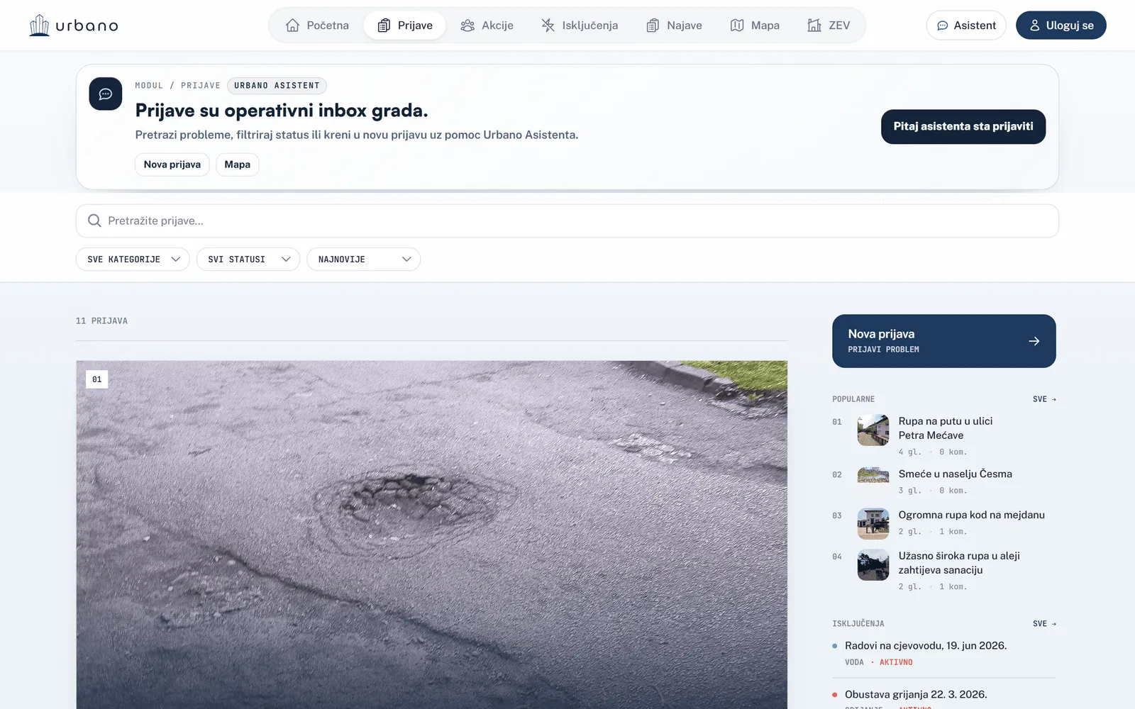 Citizen reports feed — communal problems with category, photo and status