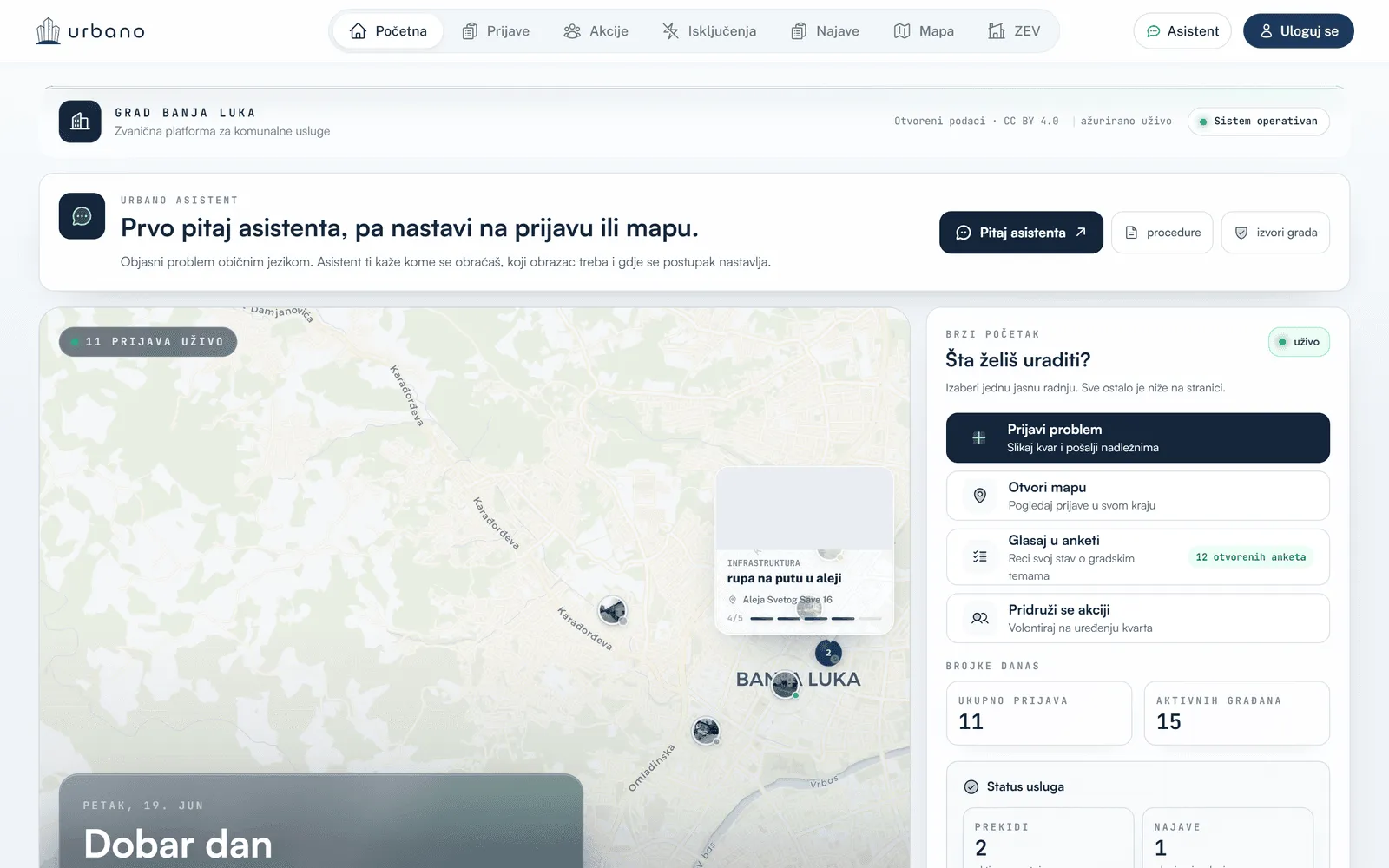 Urbano citizen app &mdash; the live report map, quick actions and city stats on one dashboard
