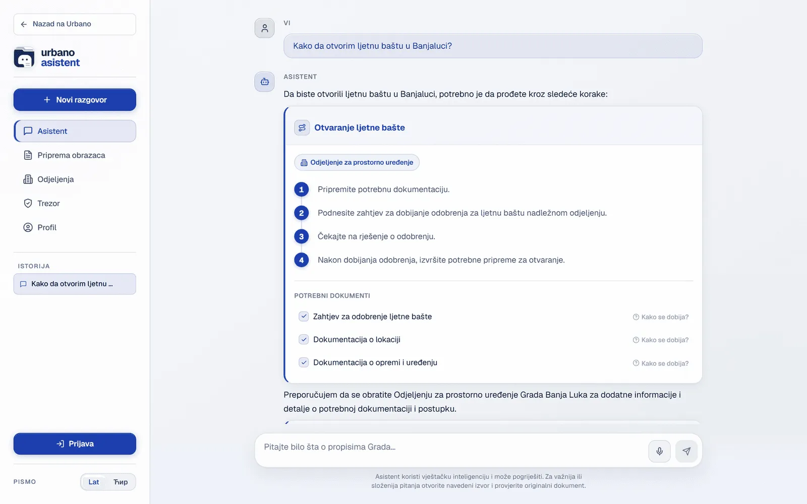 Urbano Asistent — a grounded, step-by-step procedure card with a documents checklist
