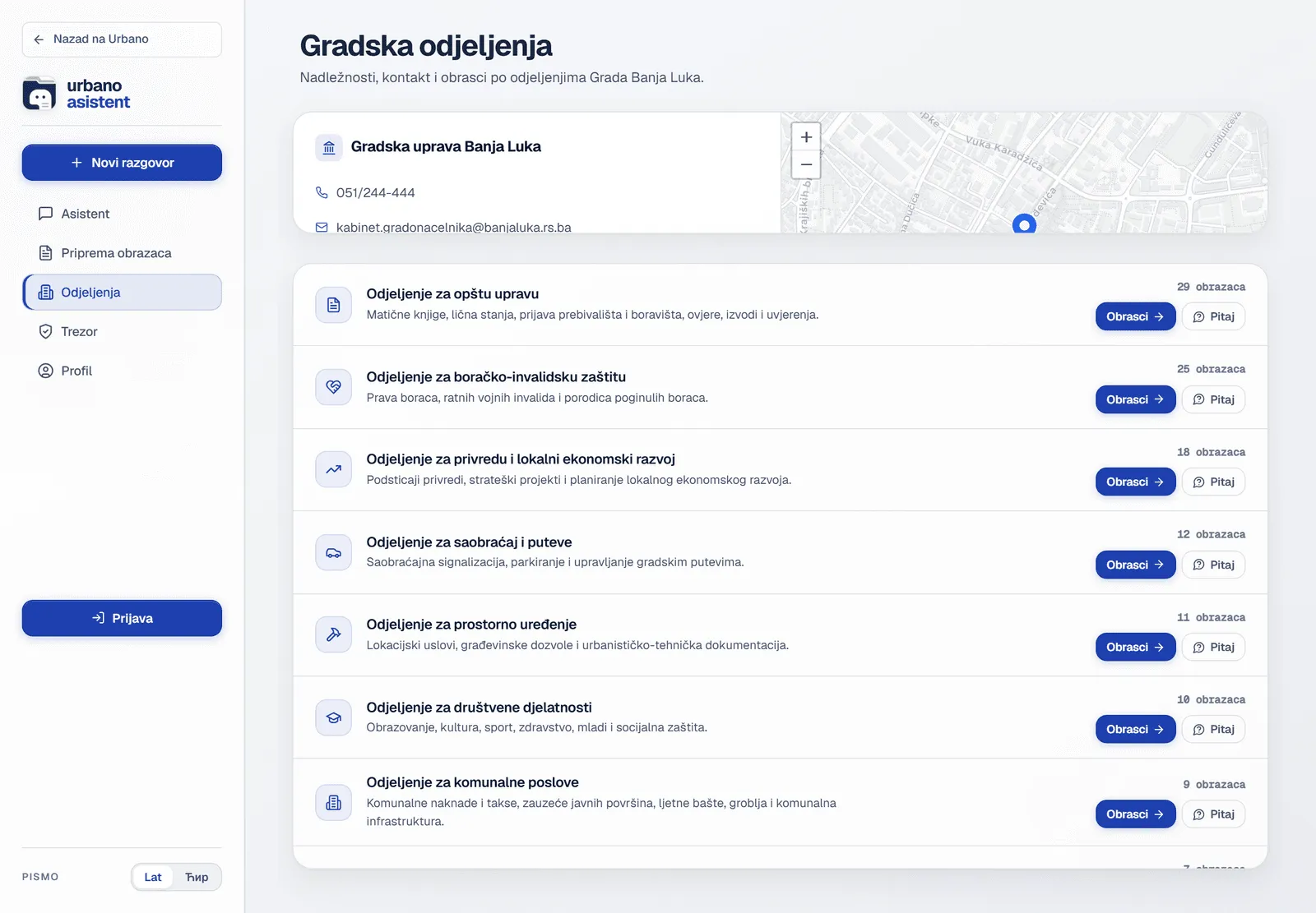 Urbano Asistent — department directory with an embedded map