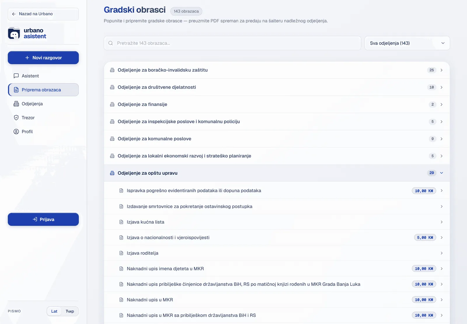 Urbano Asistent — prepared government forms grouped by department