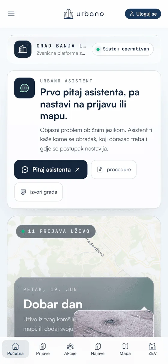 Urbano on mobile — the citizen dashboard at a phone viewport