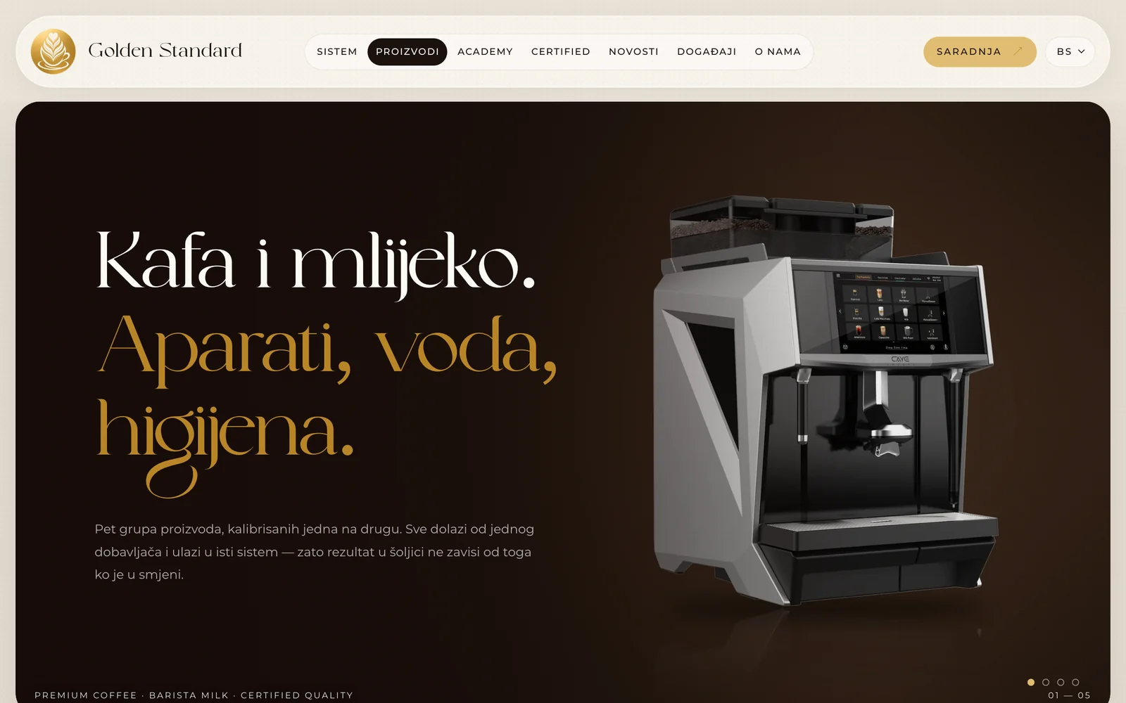 The product catalogue: coffee, milk, equipment, water and hygiene.