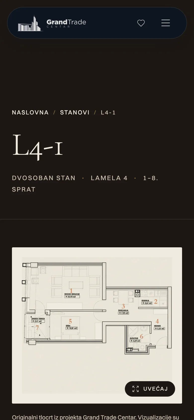 The selected apartment floor plan on a phone.