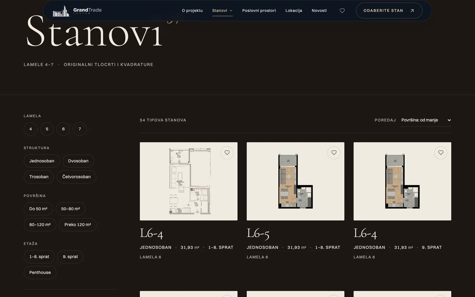 Apartment selection with floor plans and filters.