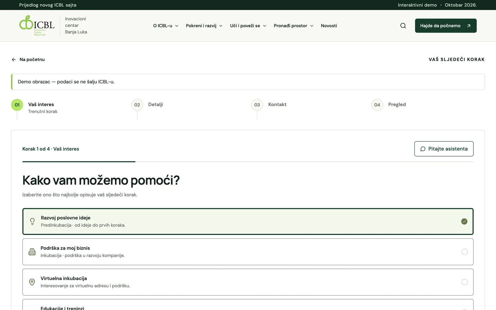 Prijavni tok sa izborom vrste podrške.