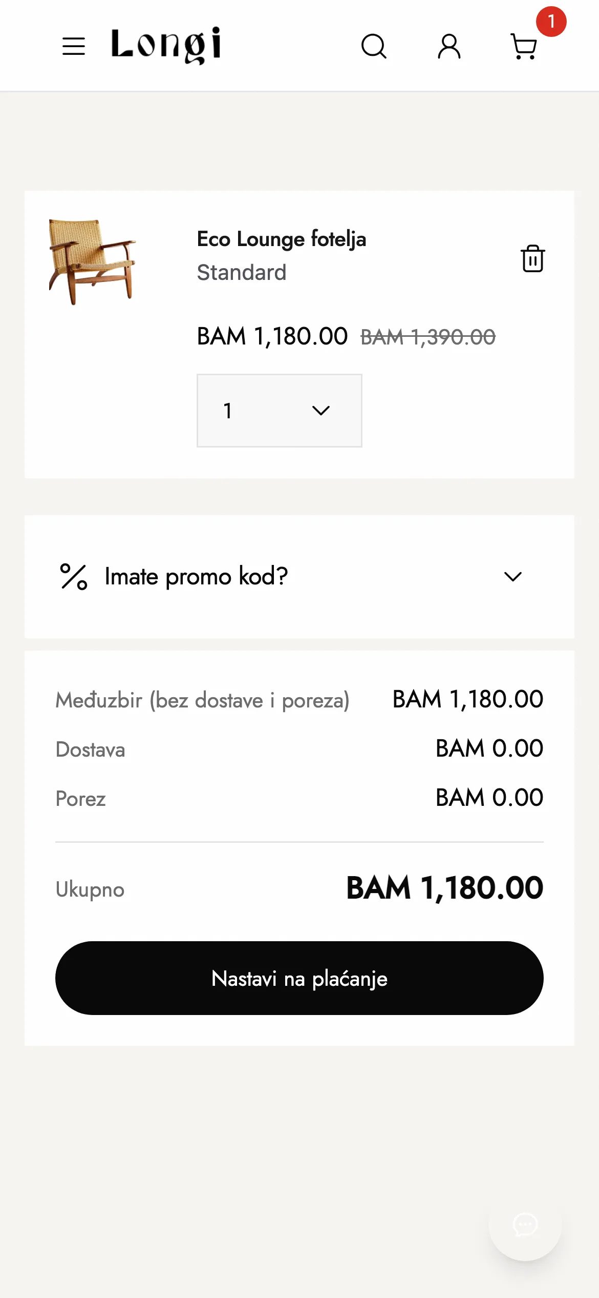 The basket with quantity, delivery and total.