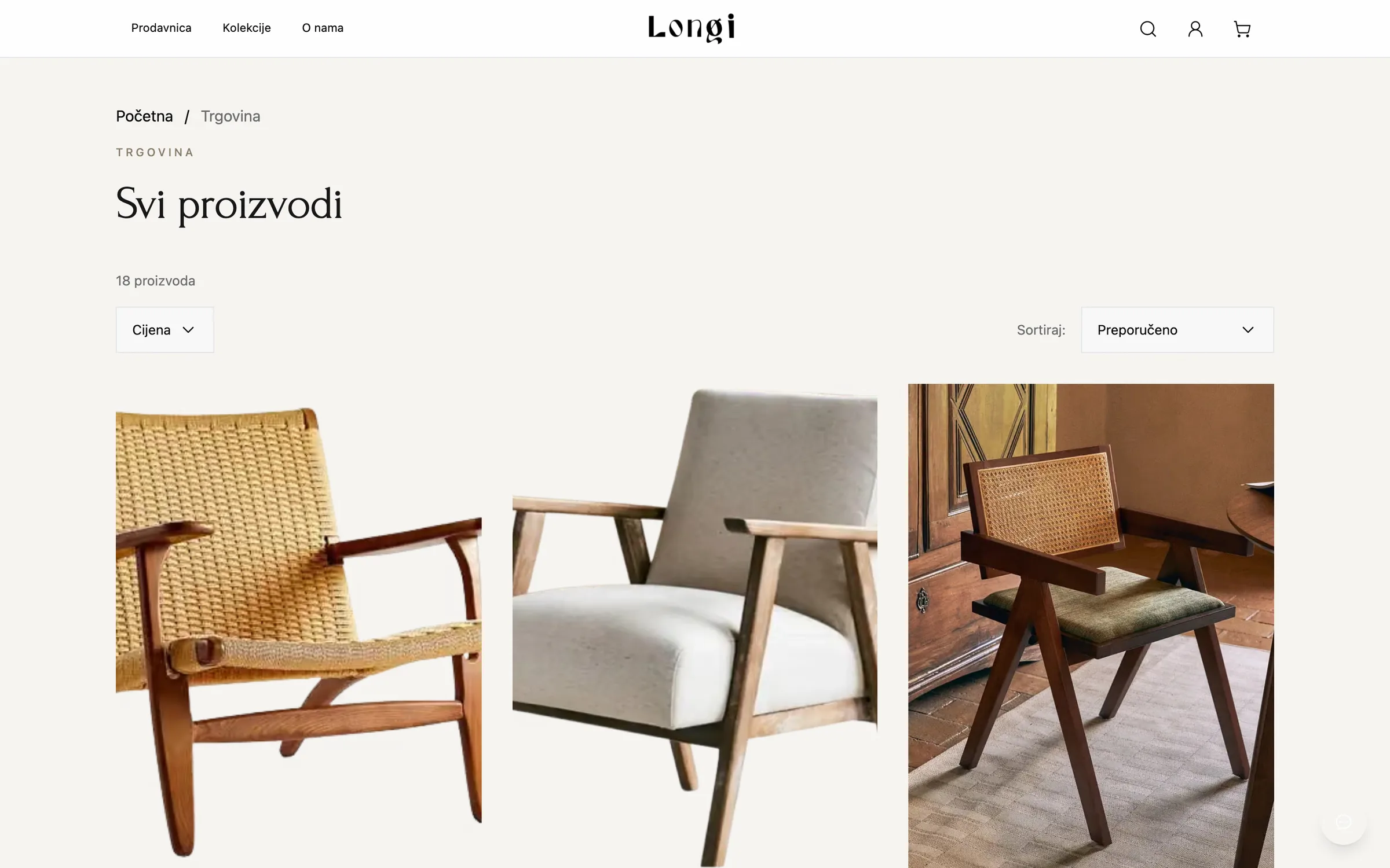 The furniture catalogue with product names and prices.