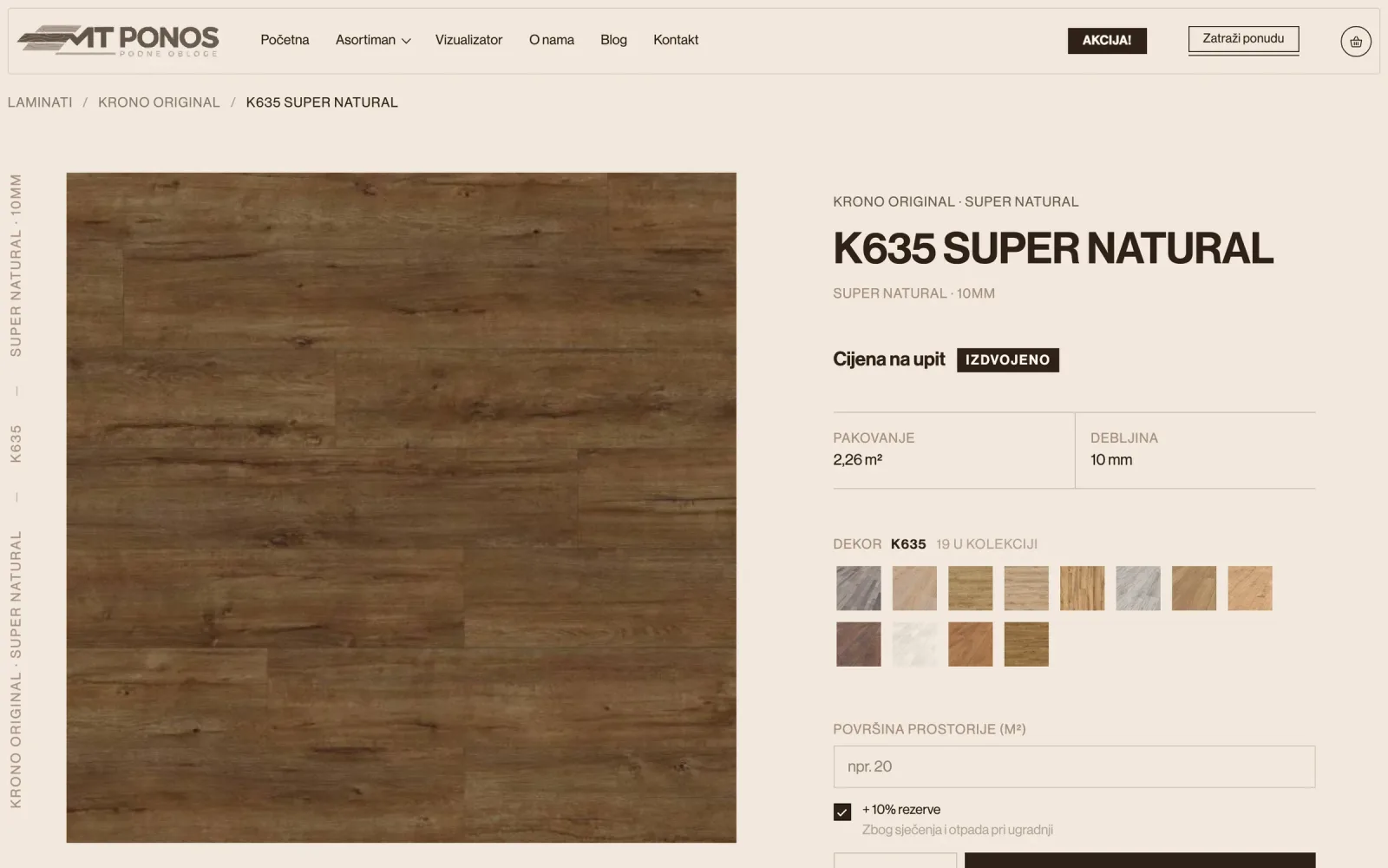 The proposed product page with finishes and a calculator.