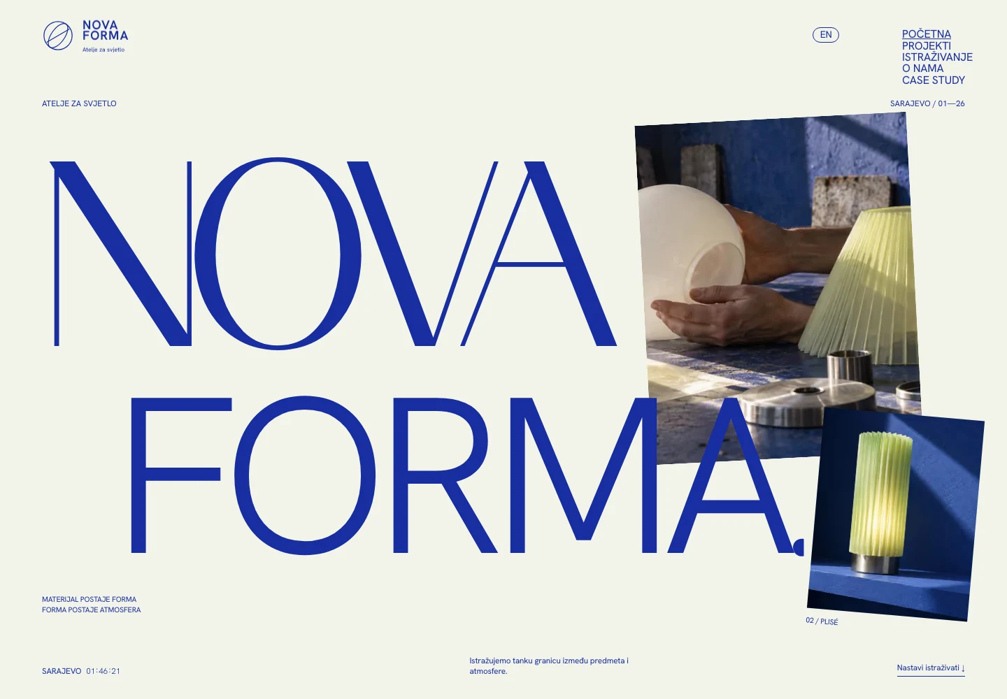 The atelier, introduced through large type and images.