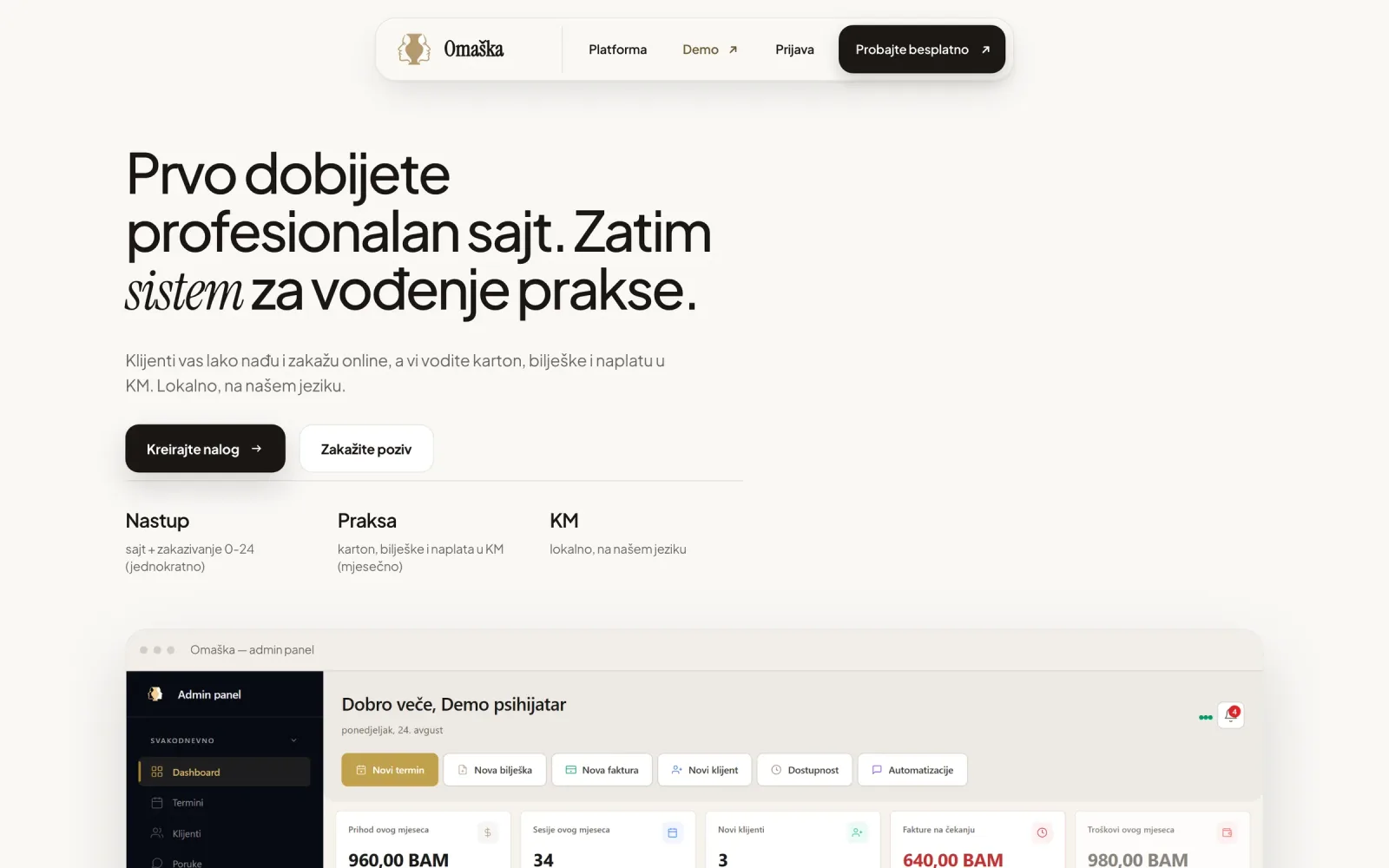 The public website introduces the practice and its working system.