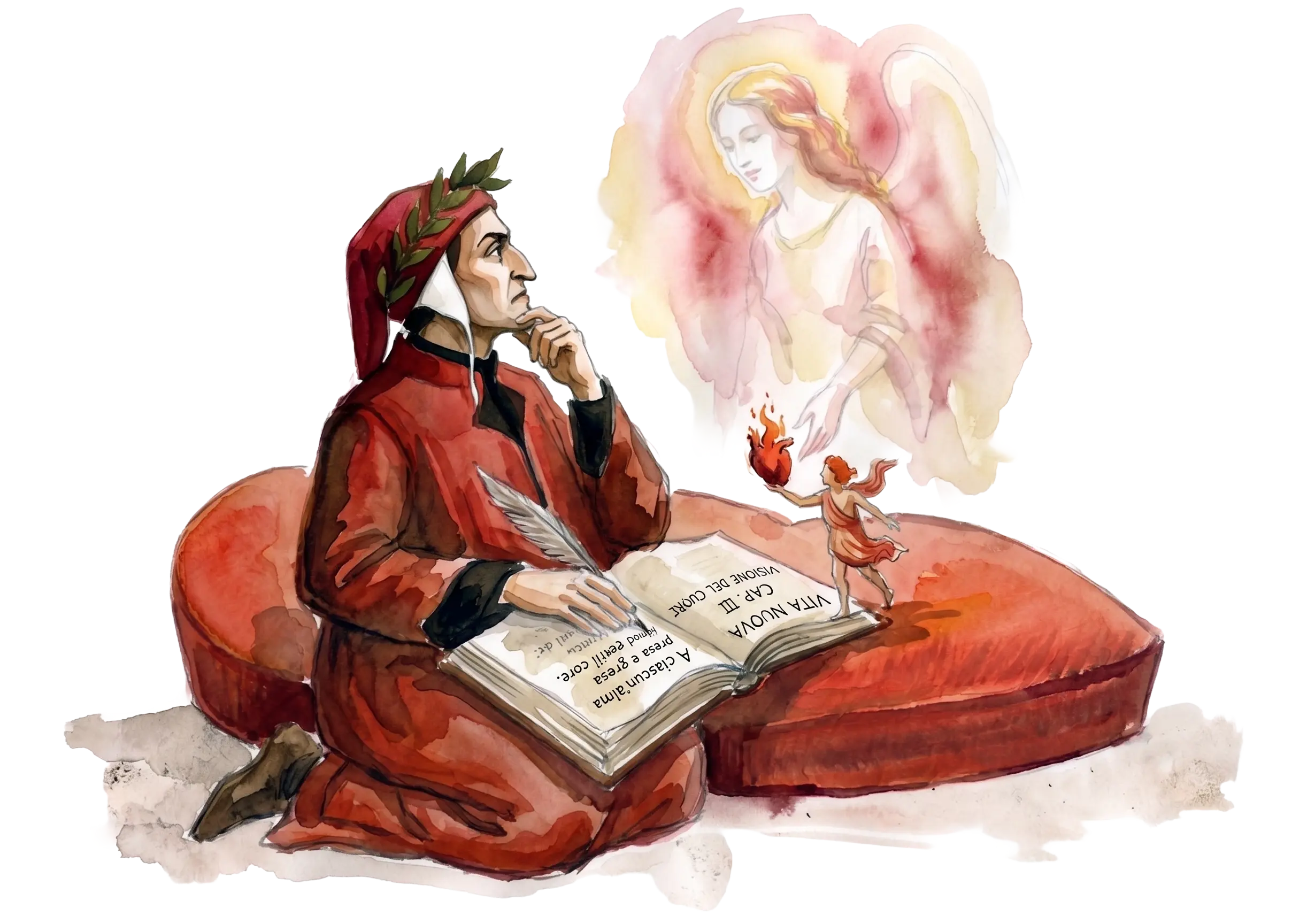 Dante Alighieri in red robe with laurel crown, Vita Nuova open on his lap, Beatrice as luminous vision (watercolor)